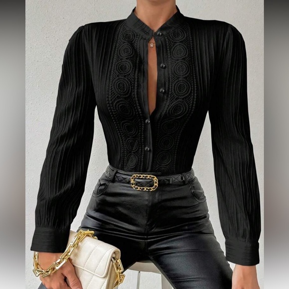 Tops - Luxe lace insert lantern sleeve blouse